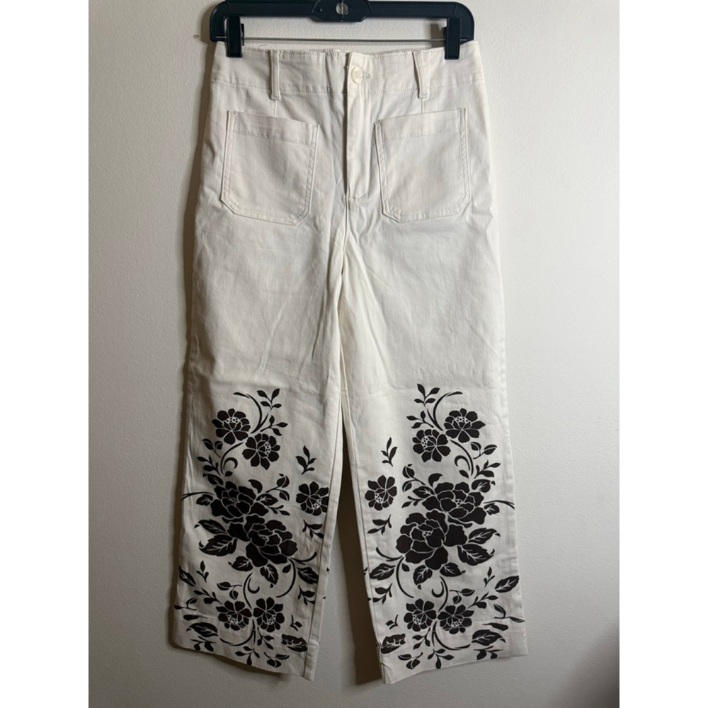 Women's Bagatelle Off-White & Brown Floral Cropped Wide leg Pants Size 6 - Picture 2 of 6